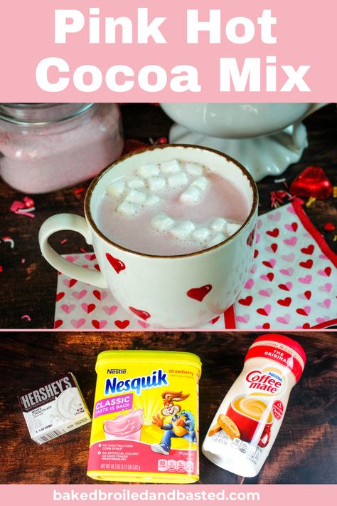 This Pink Hot Cocoa Mix is rich , creamy and full of strawberry flavor. A sweet change in routine of hot beverages everyone loves. This is super simple with only 3 easy to find ingredients. via @Baked Broiled and Basted Pink Hot Chocolate Recipe, Strawberry Hot Chocolate Recipe, Sugar Free Hot Cocoa Mix Recipe Dry, Homemade Hot Drink Mixes, Flavored Hot Cocoa Mix Recipe, Powder Drink Mix Recipes, Powdered Drink Mix Recipes, Hot Drink Mixes, Cocoa Mix In A Jar