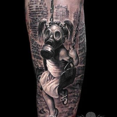 Tattoo uploaded by minerva | Post-apocalyptic Gas Masked Girl Tattoo by Javier Antunez @Tattooedtheory #JavierAntunez #Tattooedtheory #Blackandgrey #Realistic #Girltattoo | 150130 | Tattoodo Half Sleeve Tattoo Ideas, Apocalypse Tattoo, Gas Mask Tattoo, Rabe Tattoo, Masked Girl, Unique Half Sleeve Tattoos, Pin Up Girl Tattoo, Gas Mask Girl, Creepy Tattoos