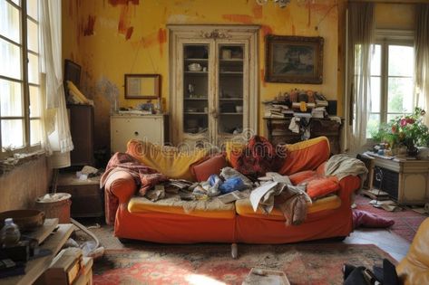 Messy Living room rubbish food. Generate Ai royalty free stock photo Messy Home Aesthetic, Messy Living Room Aesthetic, Trashed Room, Messy House Aesthetic, Poor Room, Messy Living Room, Gamer Living Room, Messy Home, Visualization Board