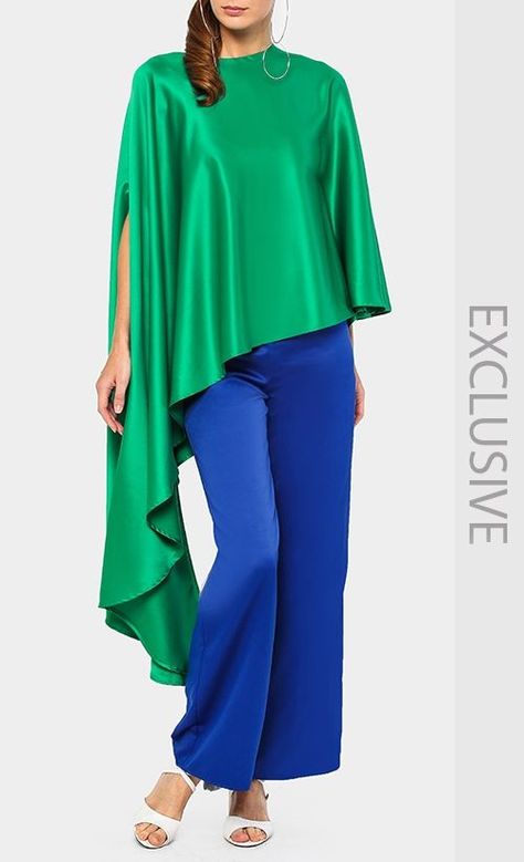 Embun Asymmetrical Cape Tunic and Palazzo Set in Green and Blue | FashionValet Asymmetrical Cape, Asymmetric Tunic, Wedding Dressses, Cape Fashion, Kaftan Designs, 2piece Outfits, Kimono Design, African Fashion Traditional, Fashion Top Outfits