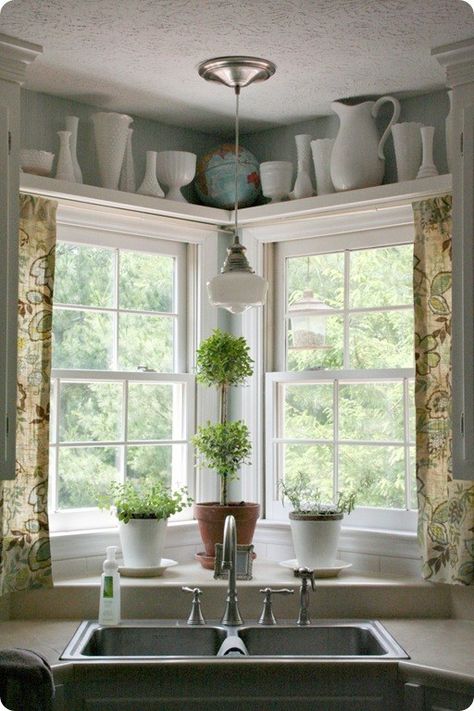 Kohler Kitchen Faucet, Corner Window Treatments, Corner Kitchen Sink, Window Over Sink, Kitchen Sink Window, Kitchen Window Design, Farmhouse Sink Faucet, Kitchen Window Curtains, Corner Sink Kitchen