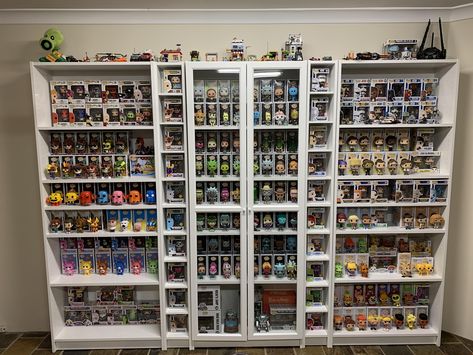 Funko Display Ideas, Funko Pop Display Ideas, Pop Shelves, Ikea Bookcases, First Home Checklist, Funko Pop Shelves, Billy Ikea, Funko Pop Display, Geek Room