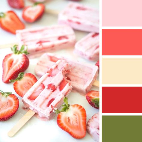 Strawberry Shortcake Color Palette, Dessert Color Palette, Strawberry Color Palette, Strawberry Yogurt Popsicles, Wedding Strawberries, Wedding Theme Color Schemes, Strawberry Decor, Yogurt Popsicles, Strawberry Color