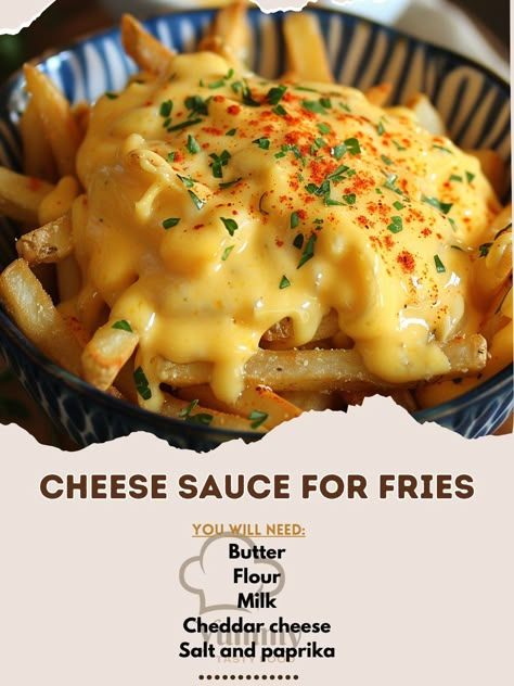 🧀 Cheese Sauce for Fries: Creamy, cheesy, and irresistibly dip-worthy! #CheeseLovers Cheese Sauce for Fries Ingredients: Butter (2 tbsp) Flour (2 tbsp) Milk (1 cup) Cheddar cheese, grated (1 cup) Salt and paprika (to taste) Instructions: Melt butter; whisk in flour. Gradually add milk; cook until thickened. Off heat, add cheese, salt, paprika; stir until smooth. Serve warm with fries. 🍴 Elevate your snack time with our Cheese Sauce, perfect for drizzling over fries or as a decadent dip! #... Cheese Sauce Recipe For Fries, Cheese Sauce For Fries, Cheese Fries Sauce, September Dinners, Sauce For Fries, Fries Sauce, French Fries With Cheese, Cheddar Sauce, Cheese Dip Recipes