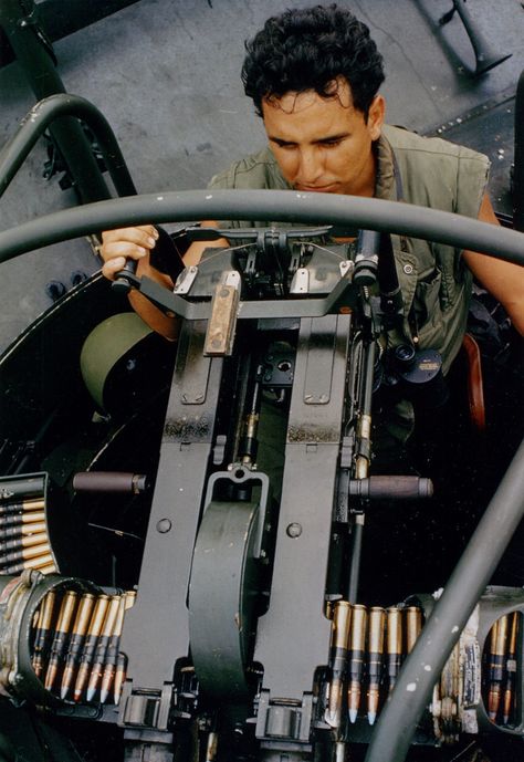 A PBR crewman mans the forward twin .50-caliber machine gun mount. 14 April 1966. Brown Water Navy, Patrol Boat, Vietnam History, North Vietnam, South Vietnam, Naval History, U S Navy, River Boat, Vietnam Veterans