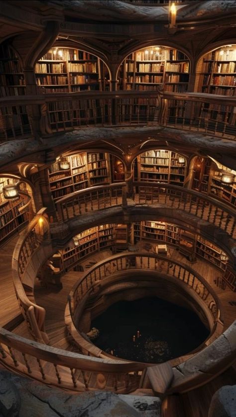 Dark Castle Library, Magic Library Aesthetic, Tower Library, Circular Library, Ancient Libraries, Archive Room, Medieval Library, Book And Bed, Library Magic