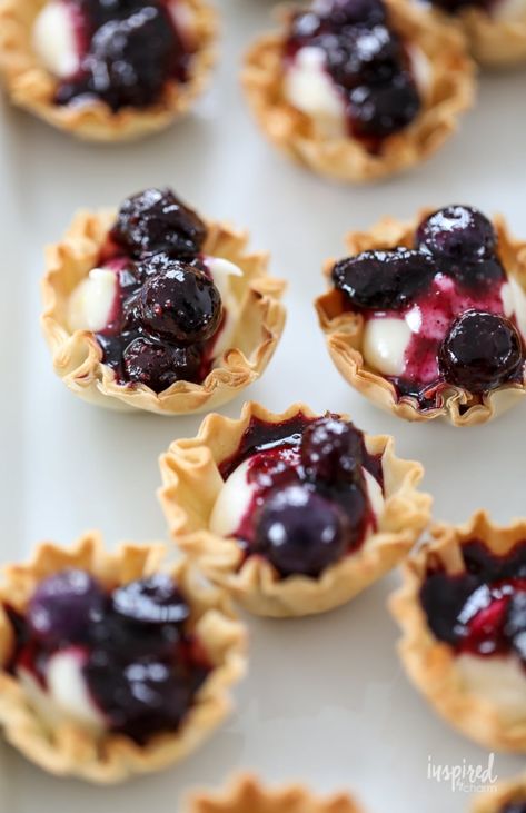 Blueberry Cheesecake Phyllo Cups, Mini Blueberry Cream Cheese Tarts, Phyllo Cup Cheesecake Bites, Blueberry Phyllo Dessert, Pastry Cups Desserts, Phyllo Dough Cup Recipes, Small Dessert Bites, Blueberry Phyllo Recipes, Mini Phyllo Cup Recipes