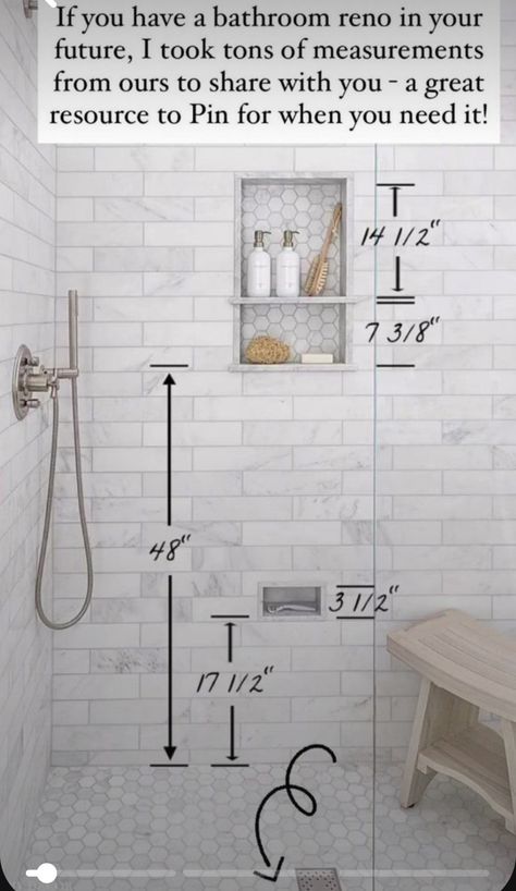 Shower Niche Height, Shower Niche Placement, Towel Bar Height, Bathroom Measurements, Niche Ideas, Full Bathroom Remodel, Bathroom Shower Walls, Master Shower, Shower Niche