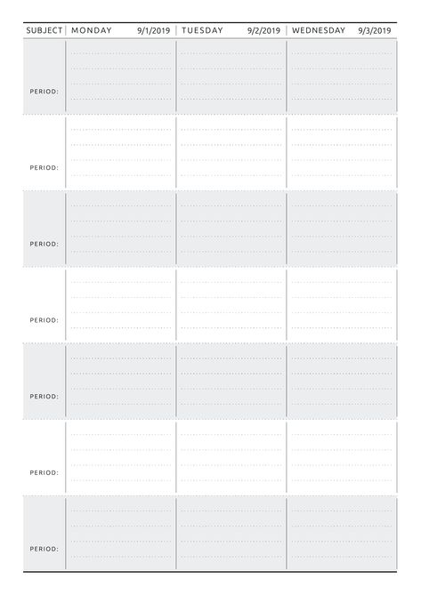 Original Style Dated Weekly planner template on two pages layout to help teachers create lesson planning for a week. All printable templates are available in A4, A5, Letter, Half letter sizes. Also, you can choose the start and finish dates of the academic year. Sections available in this template: Name of Subject 7 Period sections for every day of the week 5 dotted lines for every period Section for making remarks, notes, comments  #teacherplannerprintable #lessonplantemplate #customteacherplan Advisory Activities, Lesson Planner Template, Weekly Academic Planner, Happy Planner Teacher, Plan Your Year, Daily Lesson Plan, Teacher Planning, Teacher Lessons, Weekly Planner Template