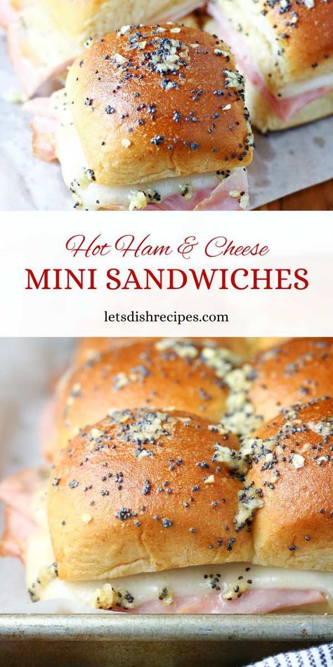 Hot Ham and Cheese Mini Sandwiches Ham Mini Sandwiches, Ham And Cheese Hot Sandwiches, Gourmet Ham And Cheese Sandwich, Mini Ham Sandwiches For Parties, Best Finger Sandwich Recipes, Honey Mustard Ham And Cheese Sandwich, Hot Sandwiches Ideas, Ham And Cheese Delights, Ham And Havarti Cheese Sliders