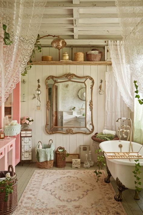 Cottagecore bathroom featuring lace curtains, an antique mirror, a vintage vanity, a clawfoot tub, and wicker baskets. Bathroom Cottagecore, Cottagecore Cabin, Cottagecore Bathroom, Romantic Bathrooms, Dollhouse Bathroom, Bathroom Retreat, Romantic Cottage, Lace Curtains, Bathroom Inspo