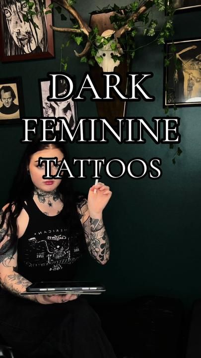 Dark But Feminine Tattoo, Tattoo Ideas Female Dark Meaning, Dark Feminine Tattoo Ideas, Dark Feminine Tattoo Designs, Dark Meaning Tattoos, Dark Feminine Tattoos Half Sleeves, Dark Feminine Tattoo Arm Sleeve, Dark Feminine Tattoos, Feminine Tattoo