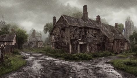 Abandoned English village at rainy day, muddy road, | Stable Diffusion | OpenArt Destroyed Village Fantasy Art, Abandoned Medieval Village, Abandoned Village Fantasy Art, Witch Village, Old Cemetery, Fantasy Village, Abandoned Village, Old Village, German Village