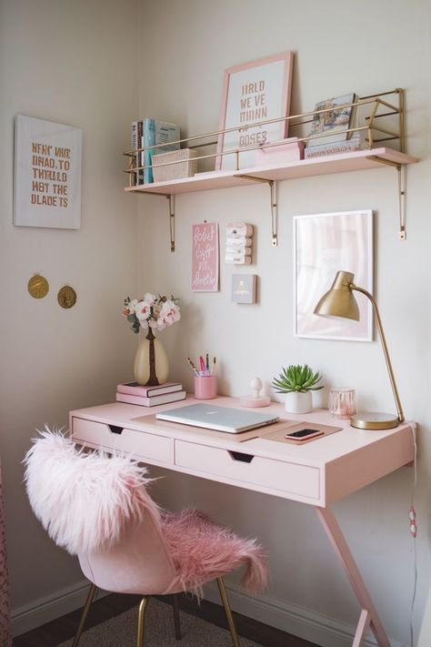 Girly desk setup with pink decor and functional shelving for a small space. Girly Desk, Neat Desk, Business Desk, Space Saving Desk, Feminine Home Offices, Pink Desk, Functional Desk, Work Space Organization, Study Organization