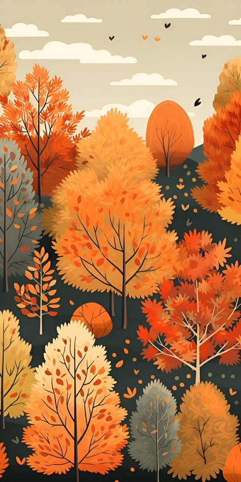 Hello, Autumn! Digital Quartet presents Autumn Phone Aesthetic Wallpapers Collection. This one is a fall landscape. Don't forget to follow us for more, and make your phone screen fit right into the season! Fall Phone Wallpaper, Lockscreen Iphone, Whimsical Art Paintings, Autumn Illustration, Landscape Illustration, Fall Pictures, Autumn Landscape, Autumn Art, Fall Wallpaper