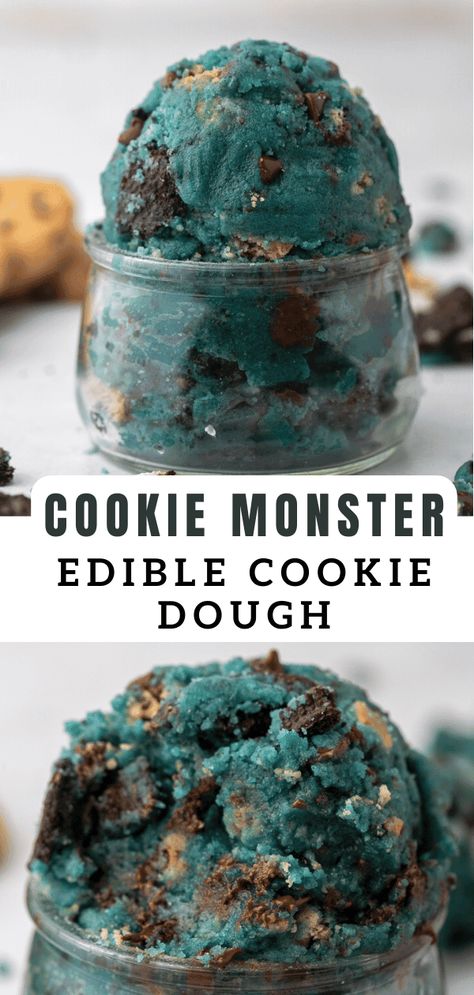 This cookie monster edible cookie dough is a fun play on edible cookie dough and cookie monsters. Make this as a late night snack or as a fun dessert to serve during birthday parties! Essen, Cookie Monster Cookie Dough, Edible Dough Recipes, Cookie Monster Recipes, Cookie Monster Food, Blw Snacks, Recipes Cookie Dough, Edible Business, Cookie Dough Flavors