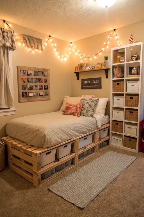 17+ Stylish Pallet Bed Ideas for Every Home Tall Bed Frame Room Ideas, Two Beds In A Small Room, Bed Frame Made From Pallets, Crates For Bed Frame, Diy Floor Bed Frame Queen, Couch Bed Ideas Bedroom, Simple Country Room Ideas, Pallet Bed Twin, How To Make A Pallet Bed