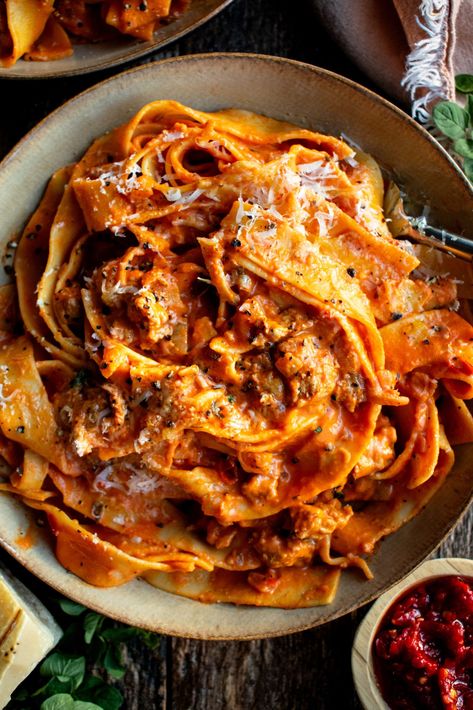 This creamy calabrian chili pappardelle comes together quickly with lots of flavor in the spicy sauce. It’s an ideal fall or winter pasta dish, completed by a hearty green salad and some fresh bread alongside. Winter Pasta Dishes, Pasta And Sauce, Winter Pasta, The Original Dish, Kale Caesar Salad, Calabrian Chili, Hearty Salads, Sausage Pasta, Think Food