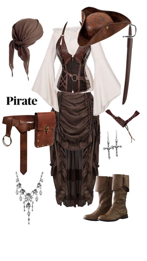 Pirate costume inspo Women Pirate Outfits Medieval, Medival Outfits Halloween, Costume Ideas Women Pirate, Pirate Costume Women Ideas, Pirates Of The Caribbean Female Costumes, Diy Pirate Hat Women, Pirate Aesthetic Female Outfit Medieval, Pirates Of The Caribbean Inspired Outfit, Pirate Costume Long Skirt