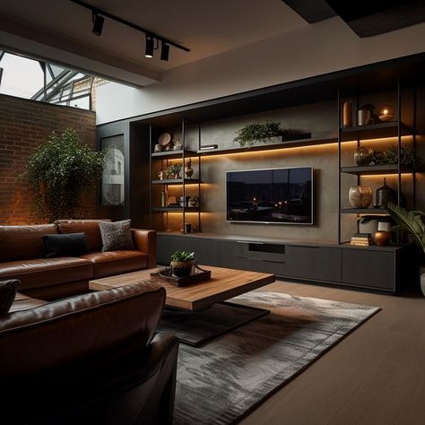 House Design Themes, Living Room Men Apartment, Tv Wall Ideas Living Room Modern Luxury, Moody Tv Wall, Tv Console Ideas Living Rooms, Media Center Ideas Living Rooms, Modern Entertainment Room, Tv Area Ideas Living Room, Living Room Entertainment Center Ideas