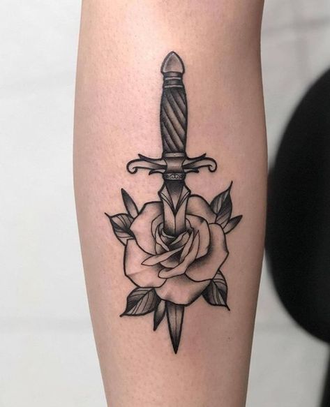 Knife And Rose Tattoo, Rose And Dagger Tattoo, Dagger Tattoos, Rose And Dagger, Knife Tattoo, Sketch Tattoo Design, Dagger Tattoo, Floral Tattoo Design, Blackwork Tattoo