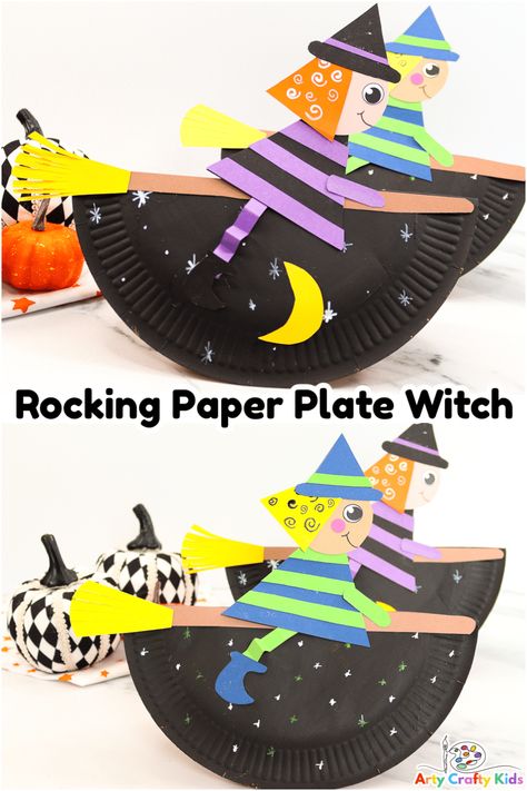 Halloween is fast approaching, which means it's time to start thinking about some fun Halloween activities for kids. This rocking paper plate witch craft is a great project to get them in the spirit of the coming season and is easy enough that they'll be able to do it all on their own Halloween Kita, Halloween Crafts For Kids To Make, Bricolage Halloween, Halloween Infantil, Halloween Crafts Preschool, October Crafts, Kid Friendly Halloween, Halloween Arts And Crafts, Halloween Preschool