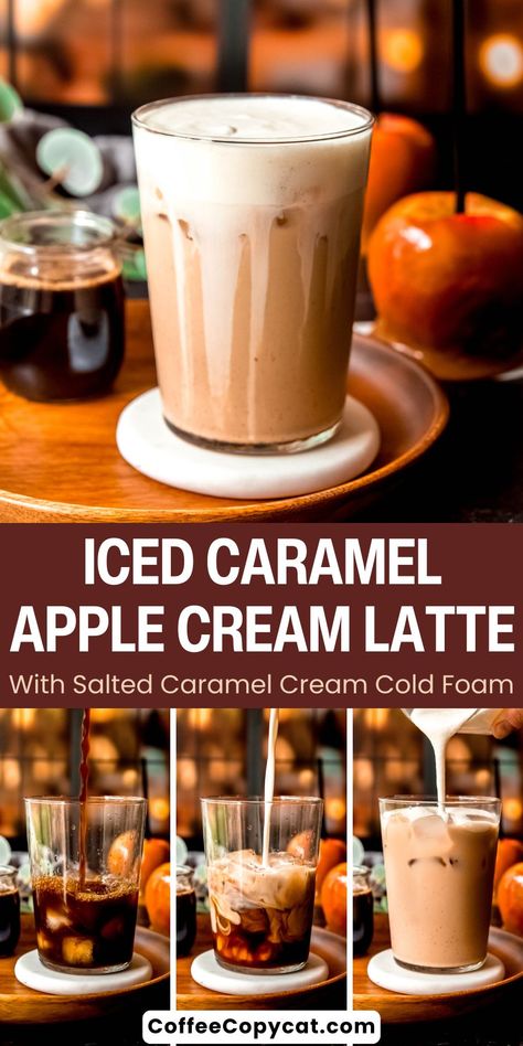 Iced Caramel Apple Cream Latte (Starbucks Copycat) - coffeecopycat.com Pumpkin Caramel Iced Coffee, Iced Caramel Apple Cream Latte, Caramel Apple Latte, Chai Latte Starbucks, Iced Latte Recipe, Apple Brown Sugar, Caramel Apple Spice, Hot Drinks Recipes, Apple Drinks