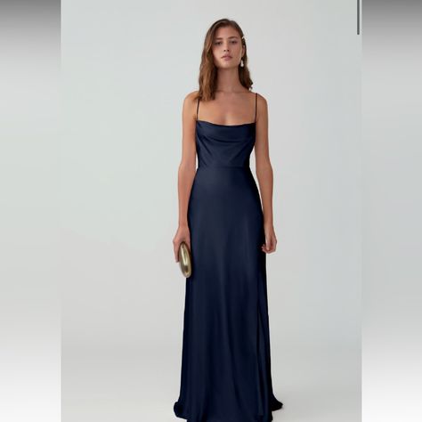 New Never Worn Navy Fame And Partners Gown With Split In Skirt Navy Blue Silk Dress Long, Navy Blue Homecoming Dress Long, Bridesmaid Dresses Midnight Blue, Navy Blue Dresses For Wedding Guest, Bridesmaid Dresses Dark Blue, Evening Gowns Navy Blue, Navy Blue Bridesmaid Dresses Long, Dark Blue Satin Dress, Blue Ball Dresses