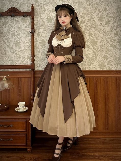 Dark Academia Fashion Brown Dress Two Pieces Set Casual 1800s Fashion, Fancy Brown Dress, Female Scientist Aesthetic Outfit, Victorian Outfits Female, Button Down Shirt Under Dress, Cute Victorian Dresses, Tomboy Dark Academia, Punk Core Outfit, Alternative Academia Fashion