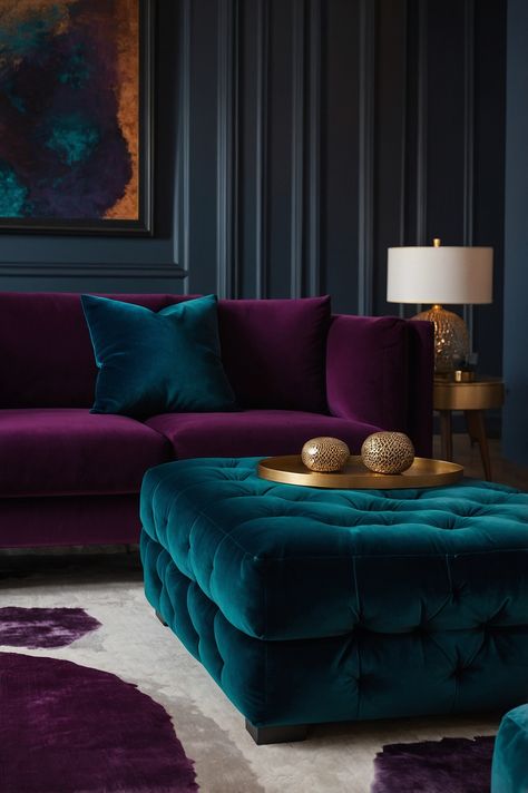 A luxurious living room with a purple velvet sofa, a teal tufted ottoman, and a gold tray holding two decorative orbs. An abstract painting in rich blue and gold tones hangs on a dark paneled wall, while a brass lamp on a side table adds a warm glow. Dark Green And Plum Living Room, Maroon And Navy Living Room, Jewel Tone Color Scheme Living Room, Jewel Tone Restaurant Design, Velvet Purple Couch, Plum And Gold Living Room, Jewel Tone Boho Decor, Teal Couches Living Room Ideas, Royal Colours Living Rooms