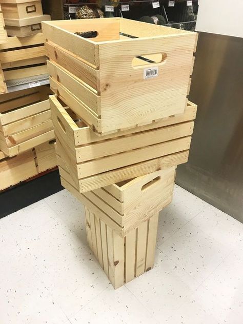 I've been dreaming of the perfect farmhouse desk to finish off my office. One day, I came across some crates at Michael's & a butcher block at IKEA and I had an idea.... First, start by sanding the crates. I purchased 4 for the legs of the desk. After that, start staining! I ripped up an old T-shirt to use as a rag to rub the stain in. Make sure while staining to cover as many of the grooves as possible. After that, let the stain set for 5-15 minutes. Then, grab a clean ra… Wooden Crate Desk, Crate Desk Diy, Inexpensive Desk, Crate Desk, Small Wooden Crates, Pallet Frames, Mini Crates, Office Built Ins, Farmhouse Desk