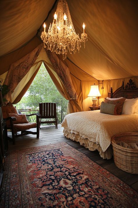 Luxury Glamping Tent Suite. Canvas walls, deck chairs, cream persian rugs, nest basket, lacy crystal chandelier.

Allow us to elevate your camping experience from mundane to magnificent with these 70 Glamping Tent Bedroom Inspirations. Wave goodbye to the traditional, spartan camping setups, and step into a world of chic and luxe outdoor living. Don't miss out on these dreamy designs that are the epitome of roughing…

Read more: https://tastyinteriors.com/generated-post-70-glamping-tent-bedroom-inspirations/ Canvas Tent Camping Glamping, Canvas Tent Living, Glamping Tent Ideas, Elevated Tent, Luxury Glamping Ideas, Tent Bedroom, Canvas Walls, Tents Camping Glamping, Glamping Ideas