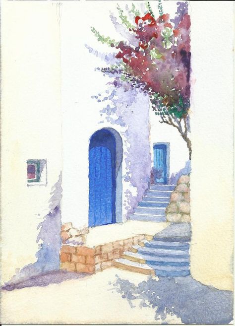 Greece Drawing Simple, Watercolor Architecture Simple, Draw Canvas, Painting On Canvas For Beginners, Canvas Painting For Beginners, Flower Painting On Canvas, Watercolor Art Landscape, Canvas For Beginners, Watercolor Architecture