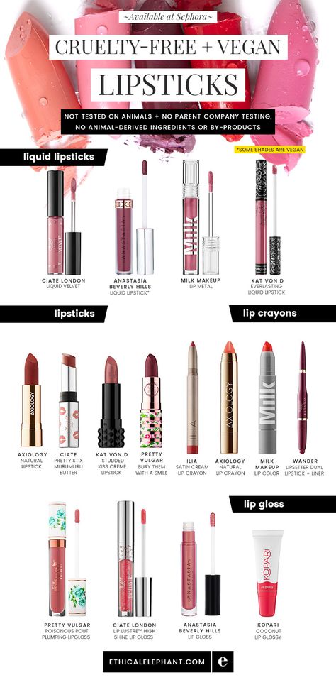 Cruelty-free and vegan lipsticks, liquid lipsticks, lip crayons, lip gloss, and more available at Sephora!  Not tested on animals, no parent company animal testing, no animal ingredients! Vegan Makeup Brands, Cruelty Free Makeup Brands, Lipstick For Fair Skin, Lipstick Designs, Lipstick Art, Vegan Cosmetics, Cruelty Free Cosmetics, Best Lipsticks, Cruelty Free Brands