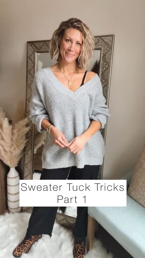 Shop V-neck Sweater and other curated products on LTK, the easiest way to shop everything from your favorite creators. How To Tuck A Chunky Sweater, How To Tie An Oversized Sweater, How To Style Vneck Sweater, Styling Baggy Sweaters, How To Wear A Oversized Sweater, How To Style A Baggy Sweater, Tuck A Sweater Into Jeans, Style Big Sweater, Oversized Sweater Hack