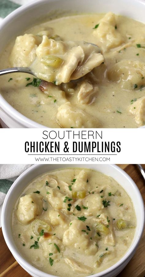 Southern chicken and dumplings recipe by The Toasty Kitchen. Nothing says comfort food like a bowl of southern chicken and dumplings. A creamy soup base is lightly seasoned and filled with shredded chicken and homemade drop-style dumplings. #chickenanddumplings #dropdumplings #dumplings #soup #comfortfood #recipe Chicken And Strip Dumplings, Chicken And Noodle Dumplings, Chicken Soup With Dumplings Easy, Dumplings For Soup Recipe, Chicken And Sourdough Dumpling Soup, Chicken And Dumpling Dough Recipe, Shredded Chicken And Dumplings, Chickens And Dumplings, Easy Homemade Chicken And Dumplings Southern Style