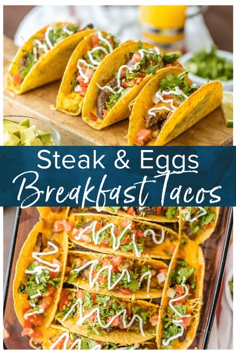 Steak And Eggs Breakfast, Breakfast Steak And Eggs, Brunch For A Crowd, Tacos Breakfast, Egg Tacos, Denver Omelet, Baked Tacos, Recipe For A Crowd, Breakfast Tacos Recipe