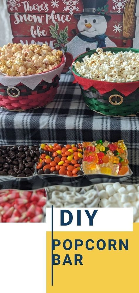 DIY popcorn bar ideas. Simple inexpensive popcorn bar for movie night and parties. Holiday Popcorn Bar, Popcorn Bar Christmas, Christmas Popcorn Bar Ideas, Christmas Popcorn Bar, Popcorn Bar Ideas, Family Movie Night Ideas, Diy Popcorn Bar, Popcorn Toppings, Birthday Movie