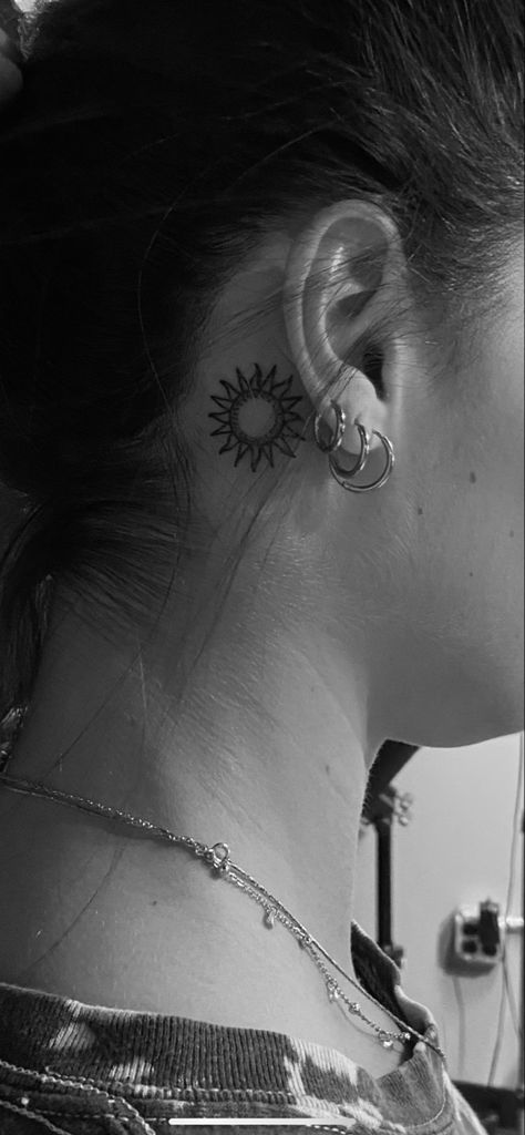 Sun Tattoos Behind The Ear, Sun Behind The Ear Tattoo, Sun Moon Tattoo Behind Ear, Small Sun Tattoo Behind Ear, Sun Tattoo Behind The Ear, Behind Ear Tattoo Small Simple, Sun And Moon Ear Tattoo, Behind The Ear Sun Tattoo, Ear Sun Tattoo