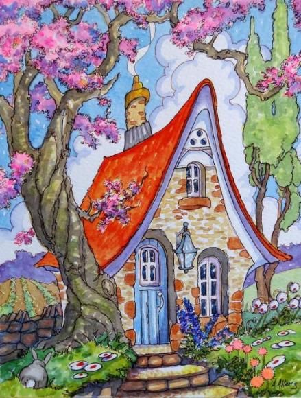 Divinely Downsized Storybook Cottage Series Alida Akers, Cottage Artwork, Cozy Pictures, Book Cottage, Cottage Illustration, Storybook Illustration, Funny House, Cottage Prints, Storybook Art