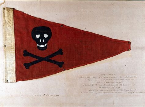 Burgee of the Pirate Yacht Club, Bridlington, used as a sledge flag by William Colbeck RNR on the Borchgrevink Antarctic Expedition 1898-1900, United Kingdom. Nautical Aesthetic, Golden Age Of Piracy, National Maritime Museum, Nautical Flags, Pirate Flag, Pirate Woman, Maritime Museum, Jolly Roger, Vintage Nautical