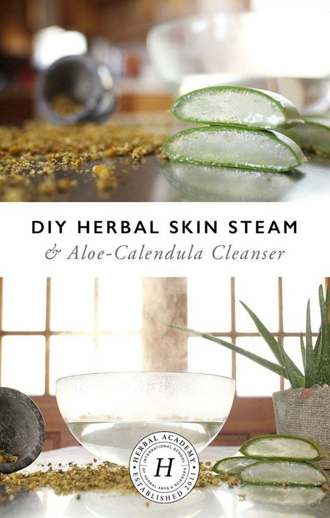 Cleanse and moisturize your face with this DIY Herbal Skin Steam and Aloe-Calendula Cleanser for glowing skin! Herbal Skincare, Herbal Academy, Skin Care Toner Products, Skincare Natural, Diy Skin Care Recipes, Homemade Facials, Natural Cleanser, Natural Exfoliant, For Glowing Skin