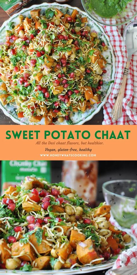 Potato Chaat, Indian Chaat, Delicious Healthy Salads, Chats Recipe, Whats Cooking, Indian Appetizers, Homemade Snickers, Healthy Honey, Stuffed Sweet Potato Healthy