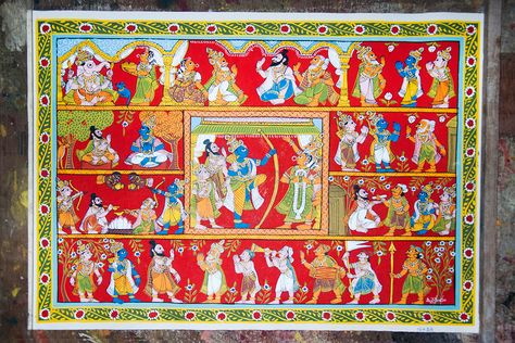 A Cheriyal painting depicting the scene from Ramayana. Cheriyal Paintings, Art Forms Of India, Phad Painting, Ipad Painting, Scroll Painting, Saree Painting, Kalamkari Painting, Madhubani Art, Indian Folk Art