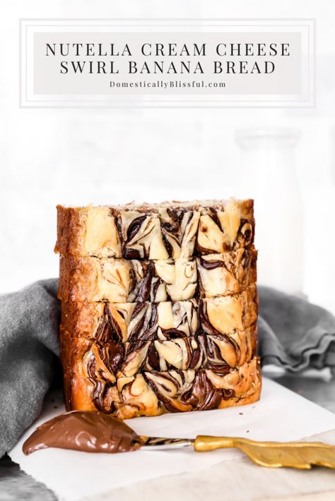 This Nutella Cream Cheese Swirl Banana Bread is sweet, moist, and has all the decadent flavors of a breakfast dessert. | A new twist on an old favorite. | Cream cheese delight. | Moist breakfast bread. | Sweet treat.| Nutella delight. | Decadent bread of dessert or breakfast. | Old bananas, new bread. | Bake ahead breakfast. | Swirl of delicious cream cheese and Nutella. | Easy twist to a banana bread classic. | Breakfast bread. | Dessert bread. | Perfect for breakfast, dessert, or anytime. | Bake Ahead, Nutella Cream Cheese, Domestically Blissful, Nutella Cream, Cream Cheese Swirl, Strawberry Banana Bread, Cinnamon Banana Bread, Vegetarian Recipes Dessert, Bread Sweet