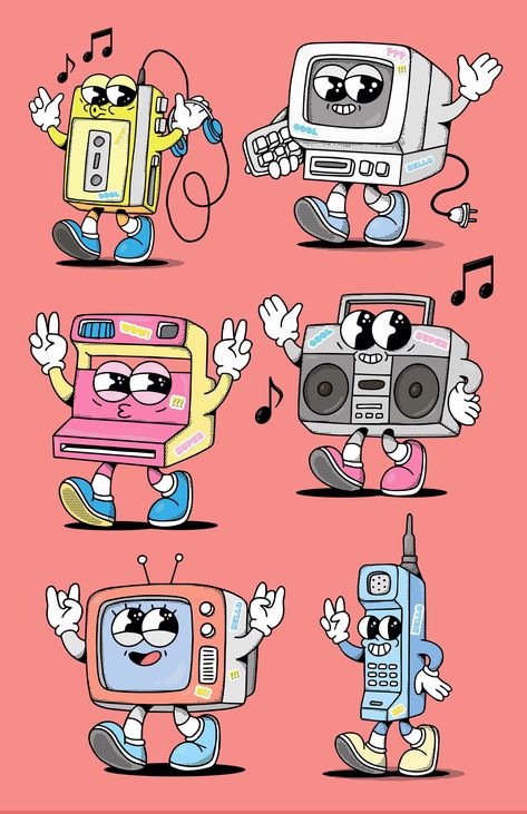 Set of Retro Mascot Characters Clipart Download, Vintage Computer, Doodle Stickers, Vector Graphics, Cool, 90s, Trendy, Groovy Mascot - Etsy Vintage Cartoon Drawings, Retro Characters Illustrations, Retro Cartoon Mascot, Retro Cartoon Illustration, Retro Mascot Character, Retro Character Illustration, Retro Illustration Graphics, Computer Doodle, Childhood Stickers