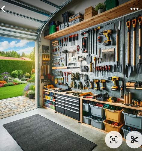 Carport Tool Storage Ideas, Garage Tools Storage, Organized Tools In Garage, Garage Organization Overhead, Tool Shed Interior, Man Cave In Garage Ideas, Pretty Garage Interior, Multi Purpose Garage, Tools Garage Organization