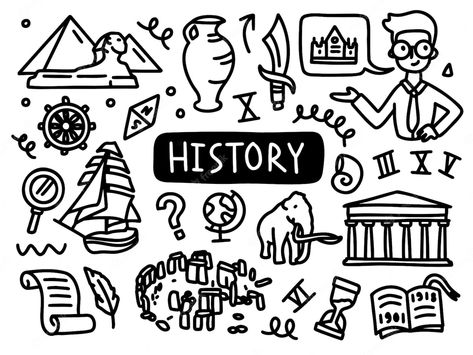 Premium Vector | History doodle line set school university outline subject Cute History Doodles, History Book Cover, Science Symbols, School Doodles, History Wallpaper, History Drawings, History Subject, History Icon, Notebook Sketches