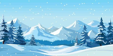 Vector illustration of flat winter mountain landscape with forest, snowdrifts and snowfall. Snowy weather background. Winter season. Snowfall Drawing, Winter Season Drawing, Snow Mountain Drawing, Cartoon Winter Background, Weather Background, Snowy Forest Drawing, Snowy Mountain Drawing, Mountain Landscape Illustration, Snow Drawing