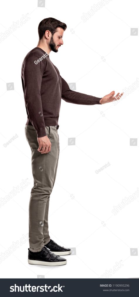 Men References Pose, Man From Side Reference, Man Body Side View Drawing, Person Standing Reference Side, Man Side View Reference, Man Side View Drawing Reference, Person Standing Looking Down, Side Profile Full Body Pose, Hand Poses Side View